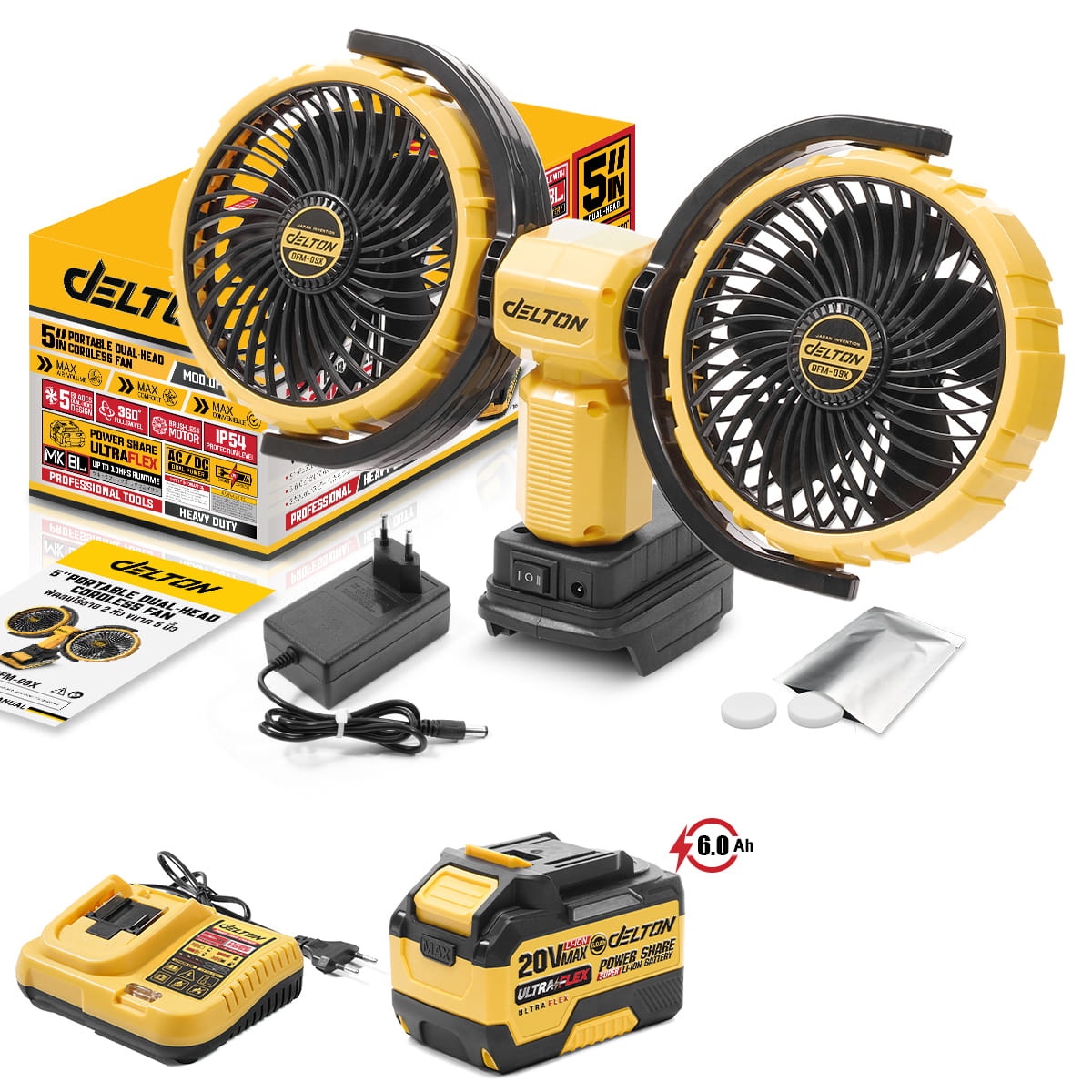 พัดลมไร้สาย 2 หัว 5 นิ้ว (พร้อมแบตเตอรี่) DELTON รุ่น DFM-09X ULTRAFLEX 20V 6AH_1